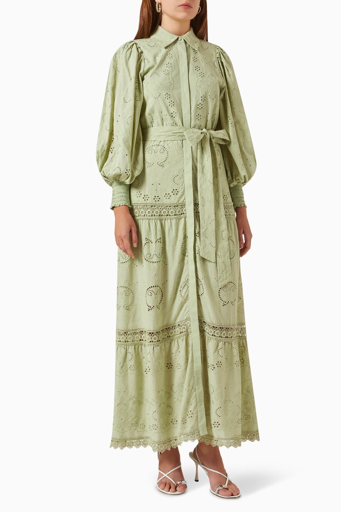 

Lilly Collared Eyelet Maxi Dress in Cotton, Green