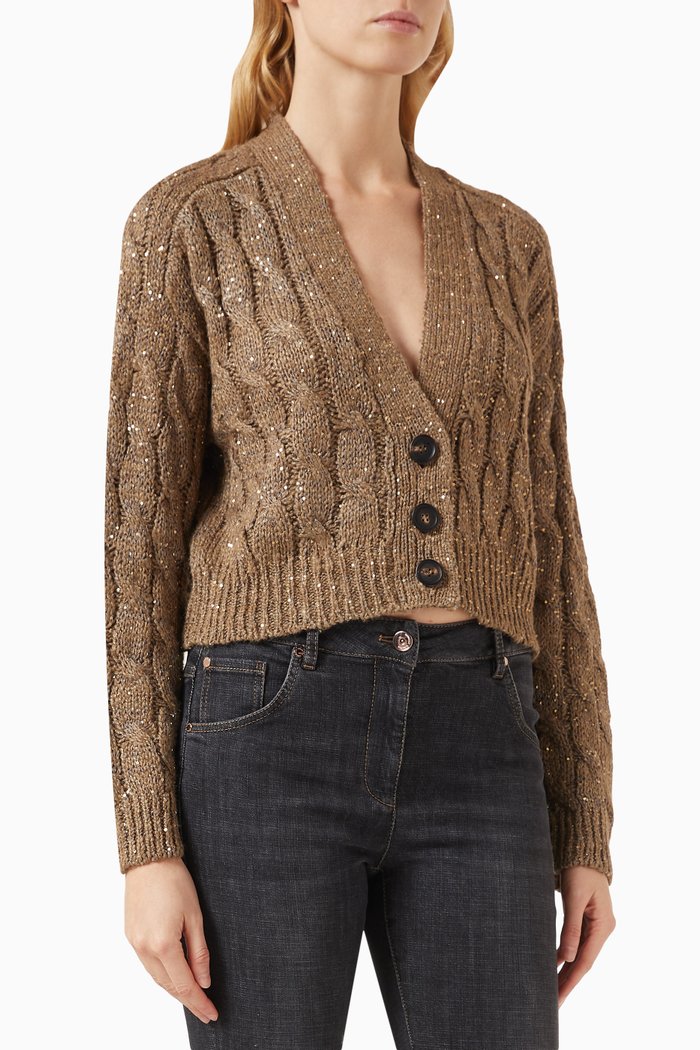 

Embellished Cable-knit Cardigan in Silk & Linen, Brown