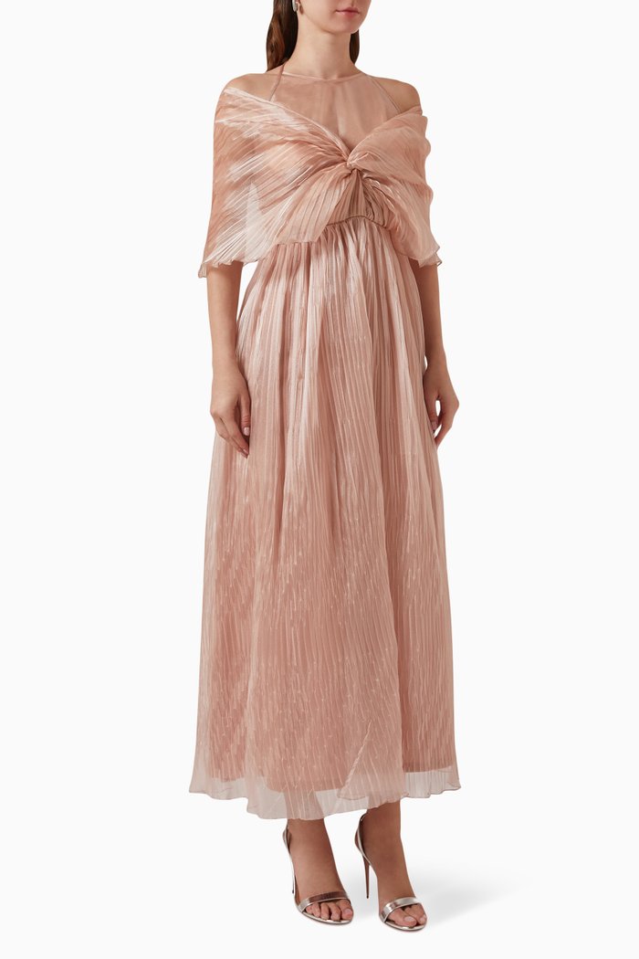

Pleated Shawl Dress in Organza, Neutral