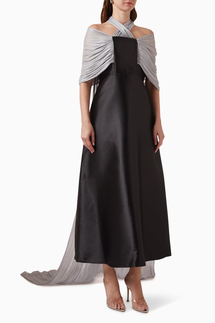

Draped-sleeve Dress in Satin, Black
