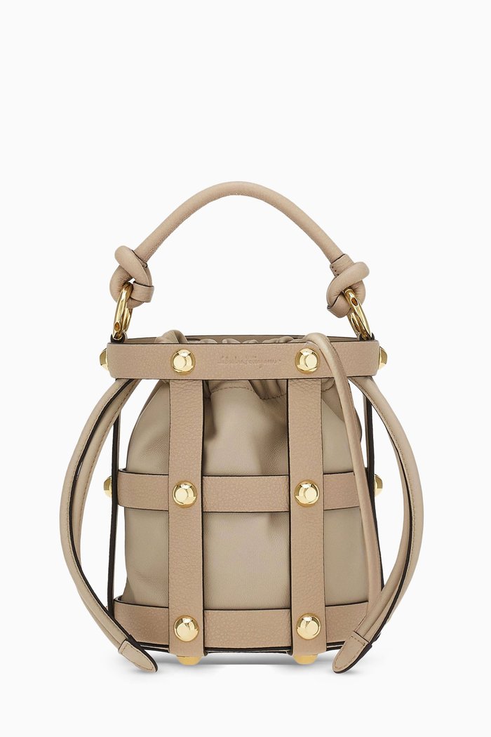 

Small Ferragamo Cage Bucket Bag in Calfskin, Brown