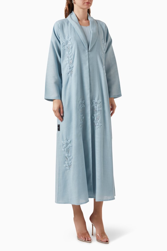 

Bead Embroidery Coat-style Abaya in Linen, Blue