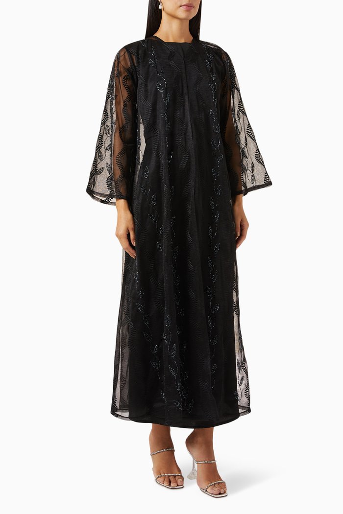 

Beaded Embroidery Abaya in Organza, Black