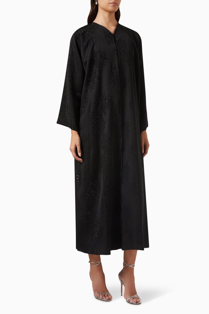 

Flower Stone-embellished Abaya in Satin, Black