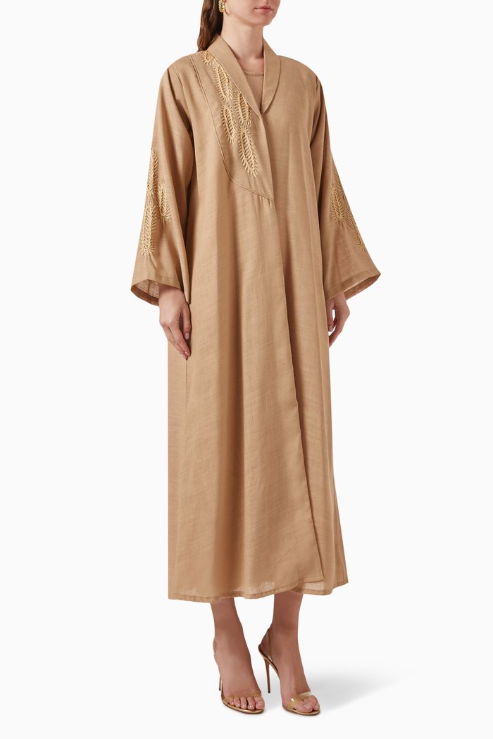 Thread-embroidered Abaya in Linen, Neutral