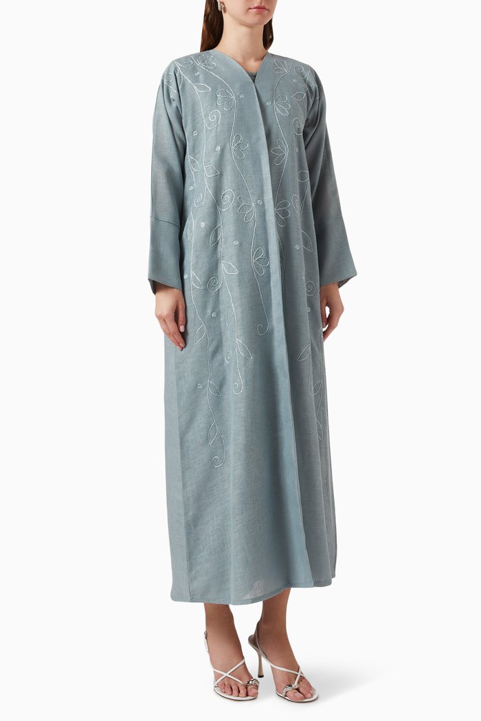 

Embroidered Abaya in Linen, Blue