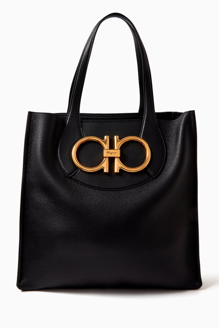 Maxi Gancio Tote Bag in Calf Leather, Black