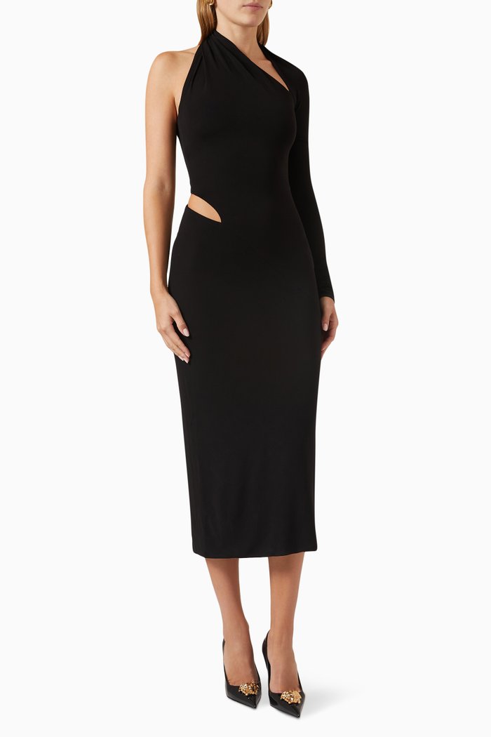 

One-shoulder Cut-out Midi Dress in Stretch-jersey, Black