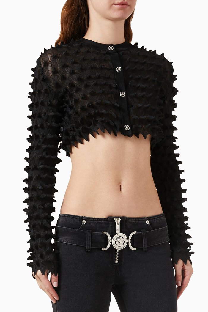 

Spiked Crop Cardigan in Viscose-blend Knit, Black