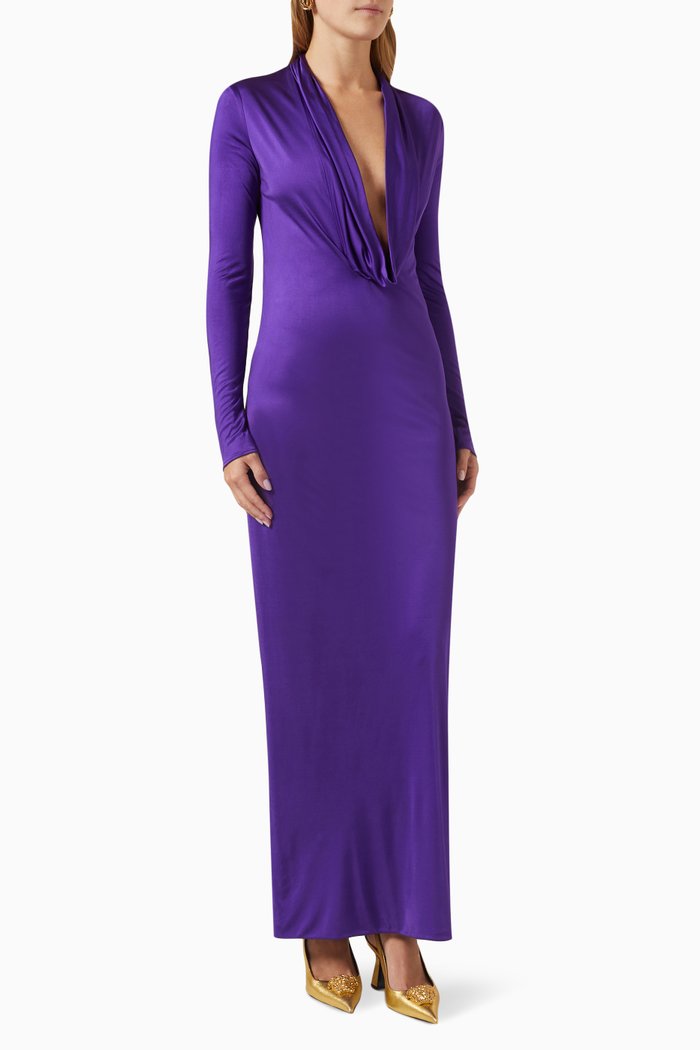 

Plunging Cowl-neck Maxi Dress in Satin, Purple