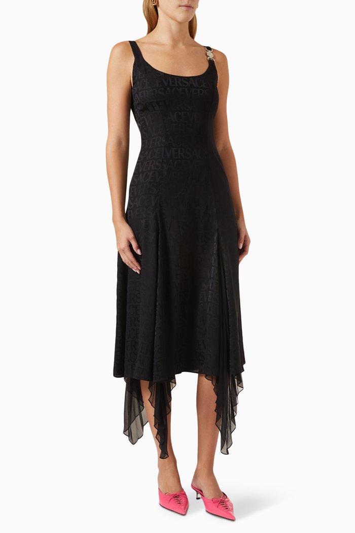 

Logo-jacquard Ruffled Midi Dress in Satin, Black