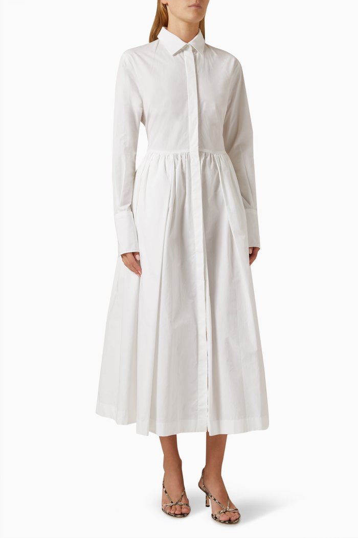 

Midi Pleated Shirt Dress in Organic Cotton, White