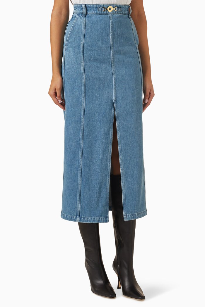 

Slit Midi Skirt in Denim, Blue