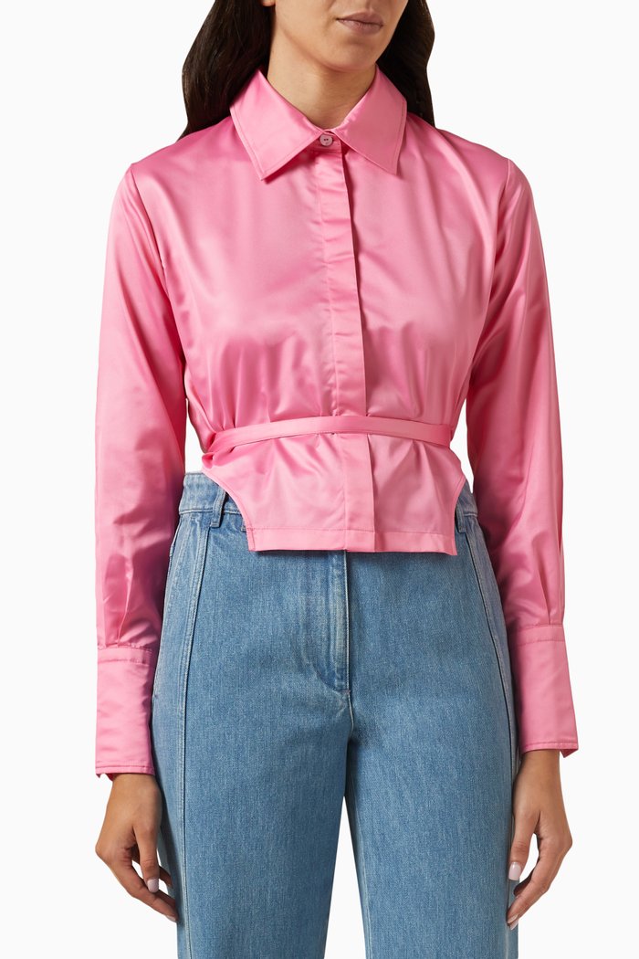 Cut-out Crop Shirt in Eco-satin, Pink