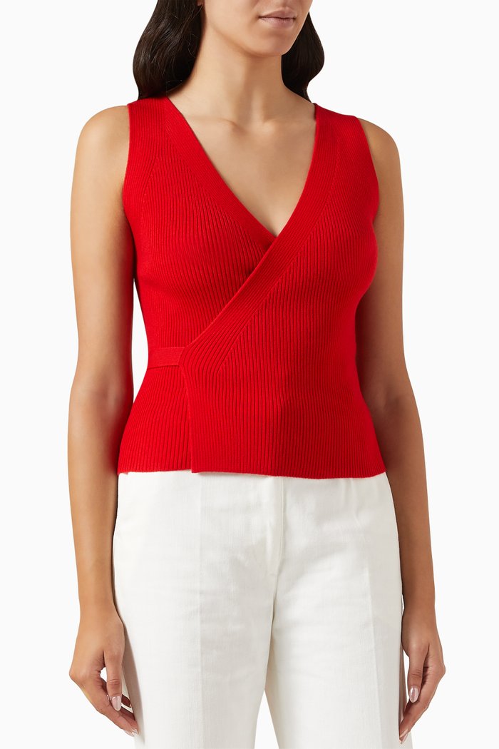 

Ribbed Wrap Top in Wool-blend Knit, Red