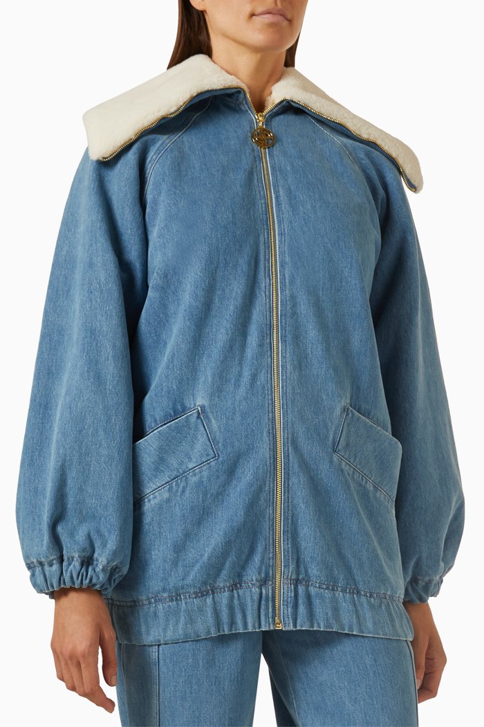 Oversized-fit Shearling Jacket in Denim, Blue