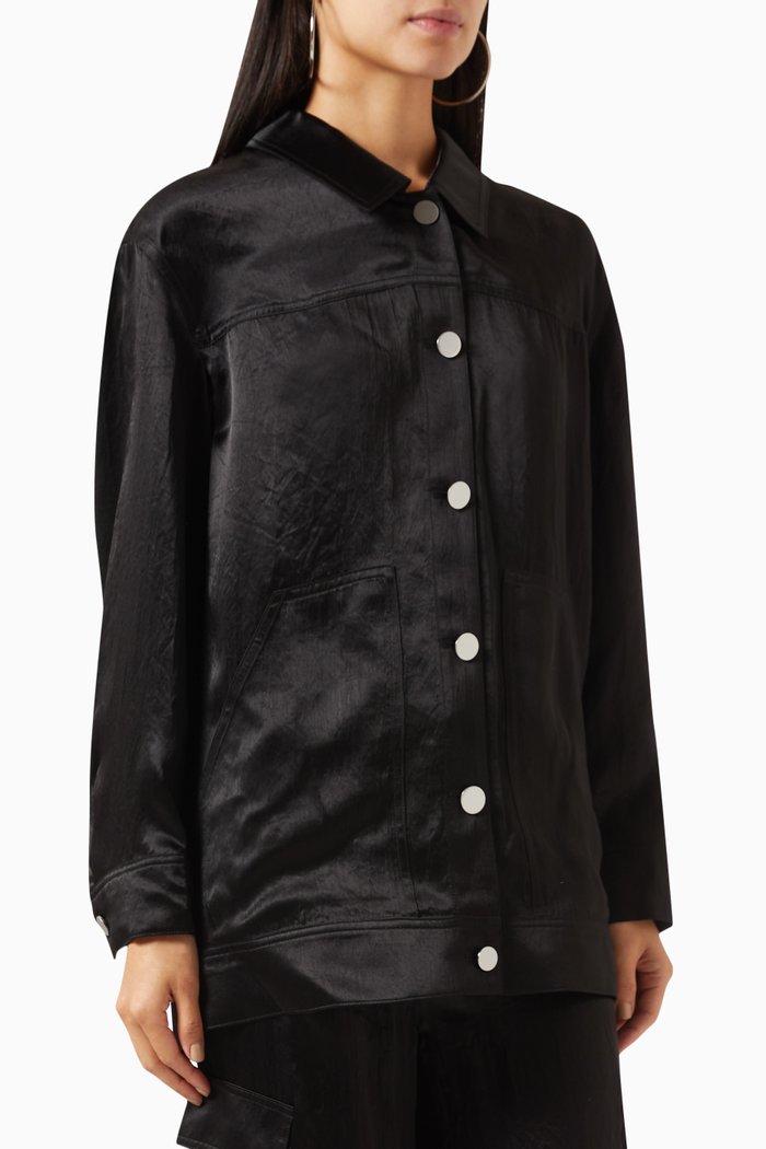 

Oversized Trucker Jacket in Satin, Black