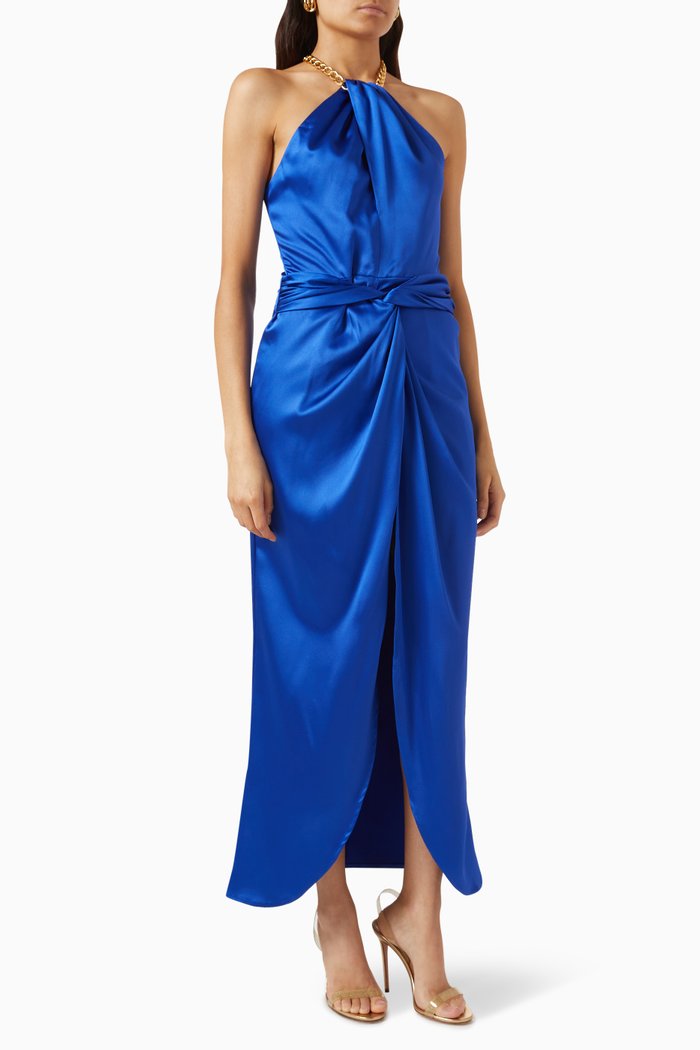 

Kelsie Twist Midi Dress in Satin, Blue