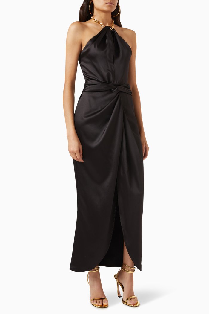 

Kelsie Twist Midi Dress in Satin, Black