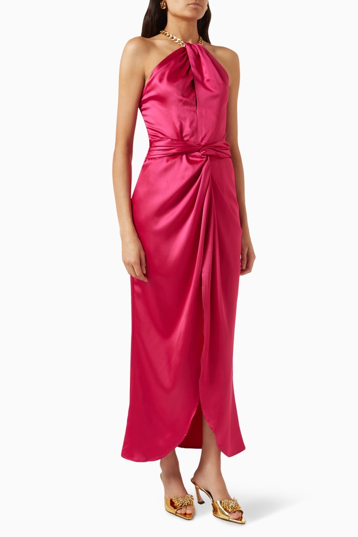 Kelsie Twist Midi Dress in Satin, Pink