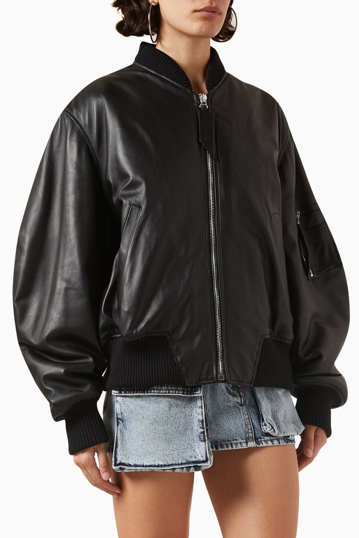 

Anja Oversized Bomber Jacket in Leather, Black