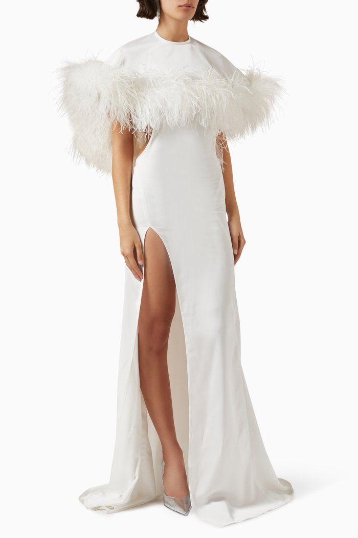 

Airi Feather-trim Maxi Dress in Satin, White