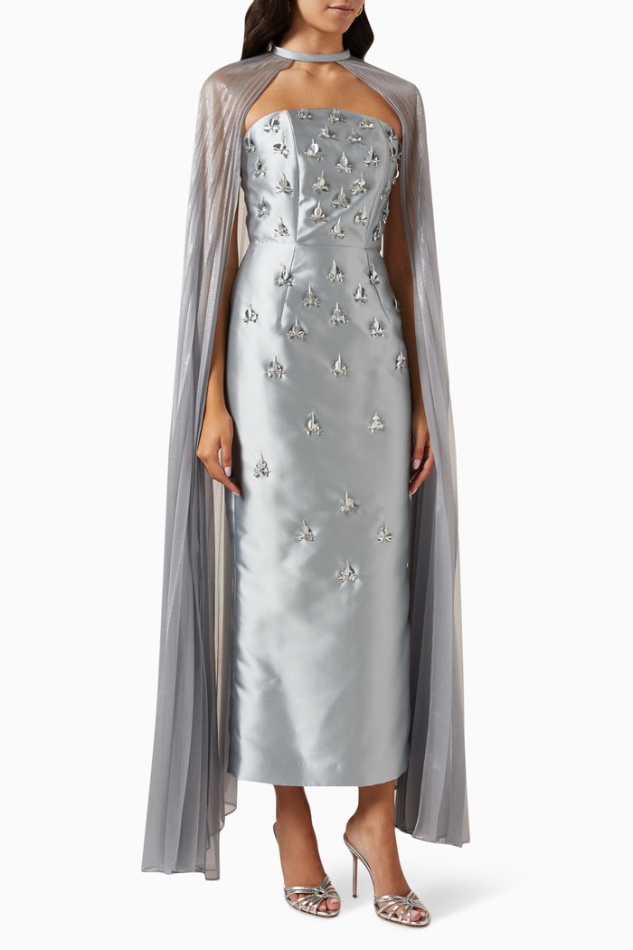 

Embellished Dress & Pleated Cape Set, Silver