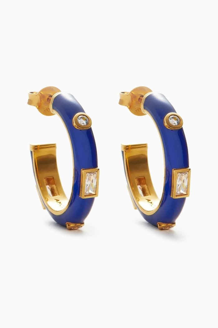 

Enamel & Stone Medium Hoop Earrings in 18kt Recycled Gold-plated Brass, Blue