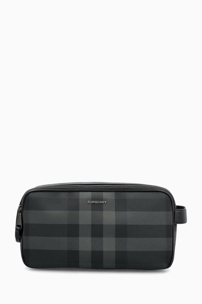 

Check Double-zip Travel Pouch in Coated-canvas & Leather, Grey