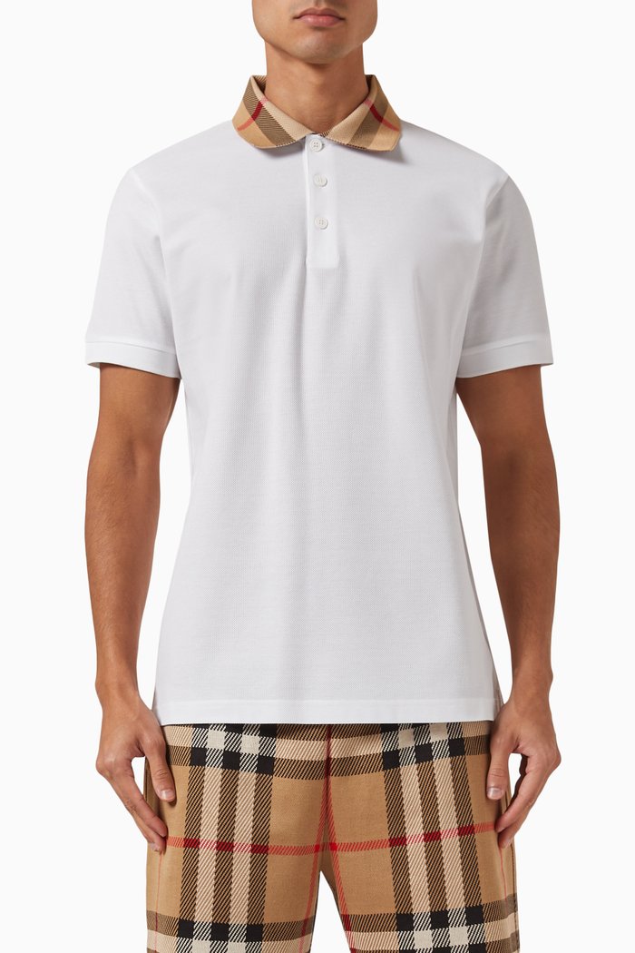 

Check-collar Polo Shirt in Cotton Piqué, White