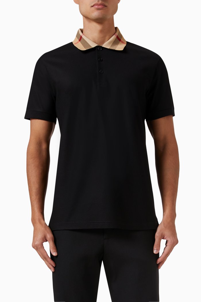 

Check-collar Polo Shirt in Cotton Piqué, Black