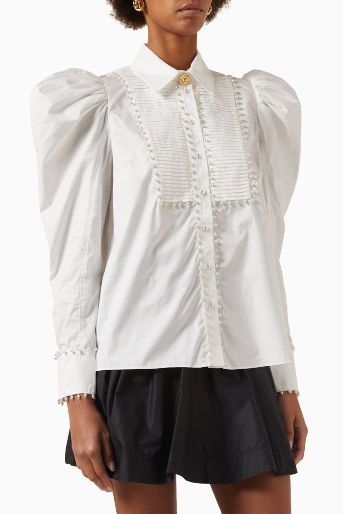 

Florence Pearl Trim Blouse in Cotton, Neutral