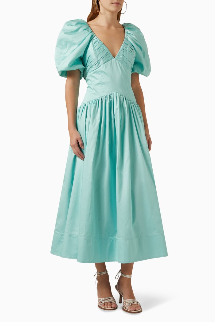 

Gabrielle Puff-sleeve Midi Dress in Cotton, Blue