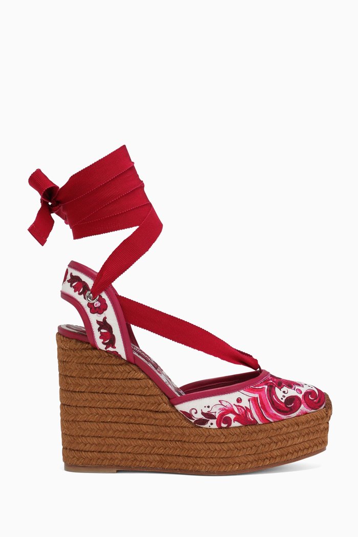 

Lola Wedge Sandals in Majolica-print Brocade Fabric, Red