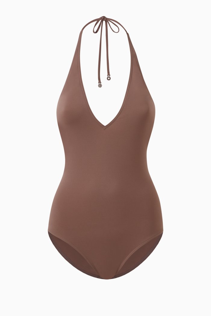 

Halterneck One-piece Swimsuit in Cotton-jersey, Brown