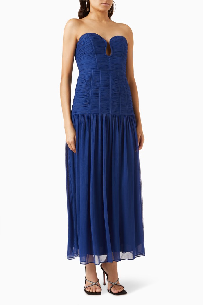 

Isola Strapless Ruched Midi Dress in Chiffon, Blue