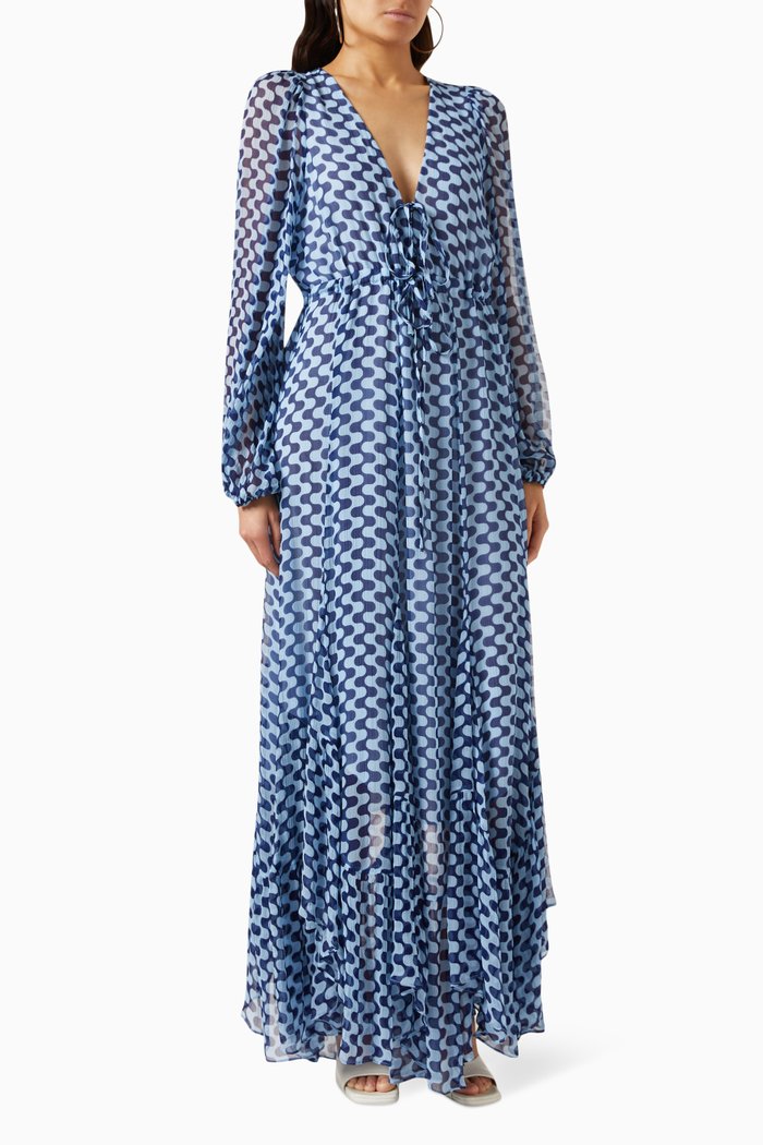 

Elina Drawstring Maxi Dress in Chiffon, Blue
