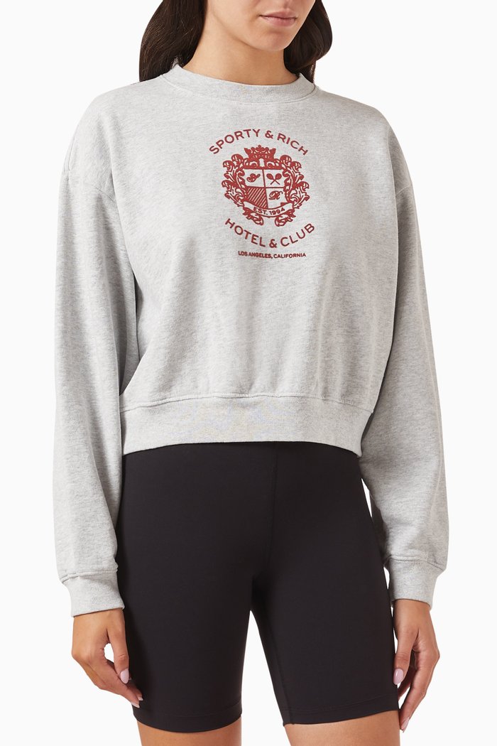 

Hotel Flocked Logo Cropped Sweatshirt in Cotton, Grey