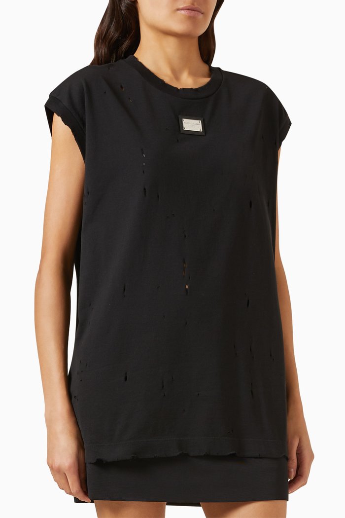 

Logo-plaque Distressed T-shirt in Cotton-jersey, Black