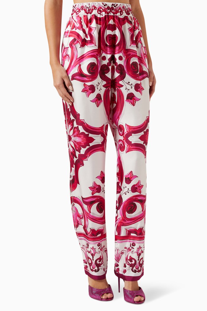 

Majolica-print Straight-leg Pants in Silk-twill, Pink
