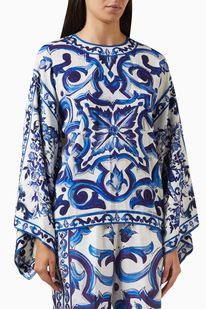 Majolica-print Kimono-sleeve Top in Silk-charmeuse, Blue