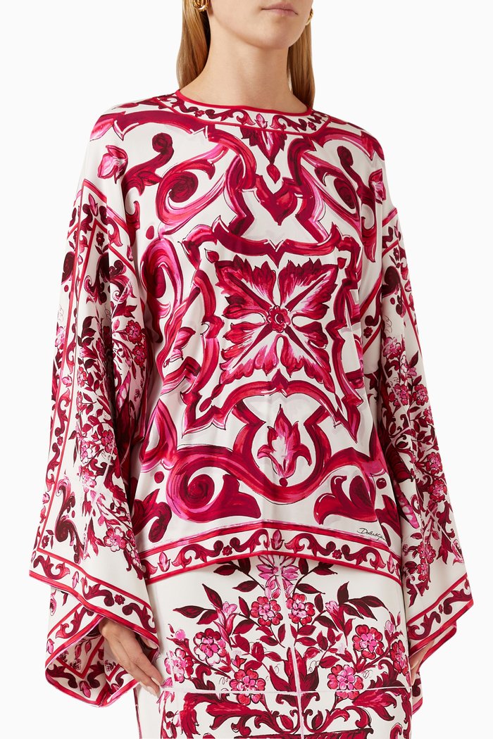 

Majolica-print Kimono-sleeve Top in Silk-charmeuse, Pink
