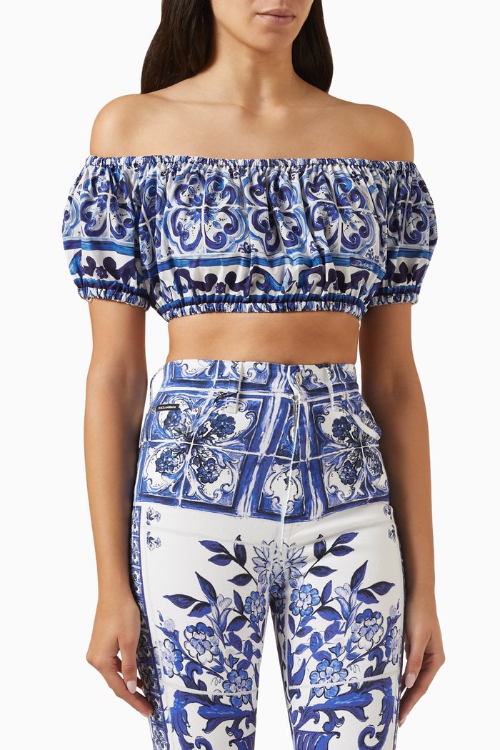 

Majolica-print Crop Top in Cotton-poplin, Blue