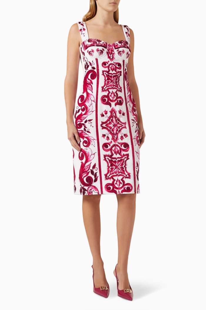 Majolica-print Midi Dress in Cotton, Pink