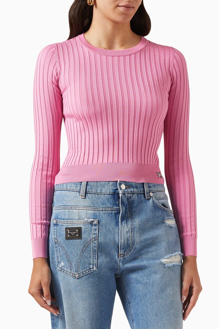 Ribbed Crop Sweater in Silk, Pink