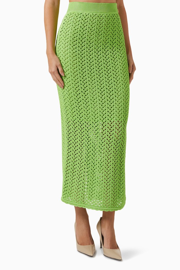 

Crochet-knit Midi Skirt in Mesh, Green