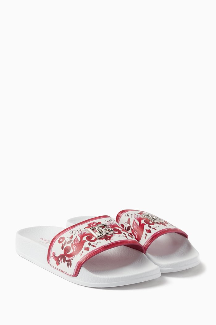 Majolica-print Logo Slides in Nappa, Pink