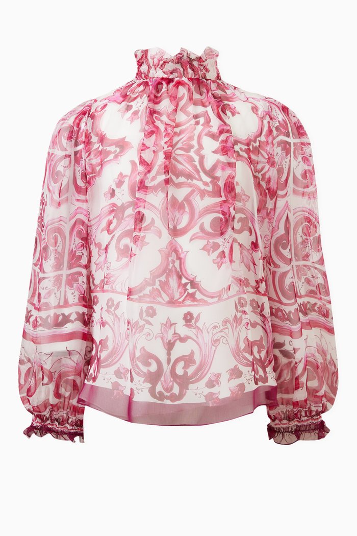 

Long Sleeved Majolica Print Shirt in Chiffon, Pink