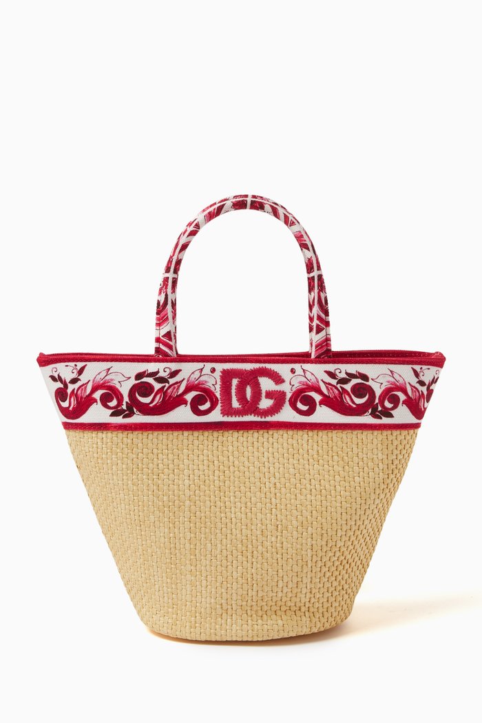 

Majolica-print Tote Bag in Straw, Pink