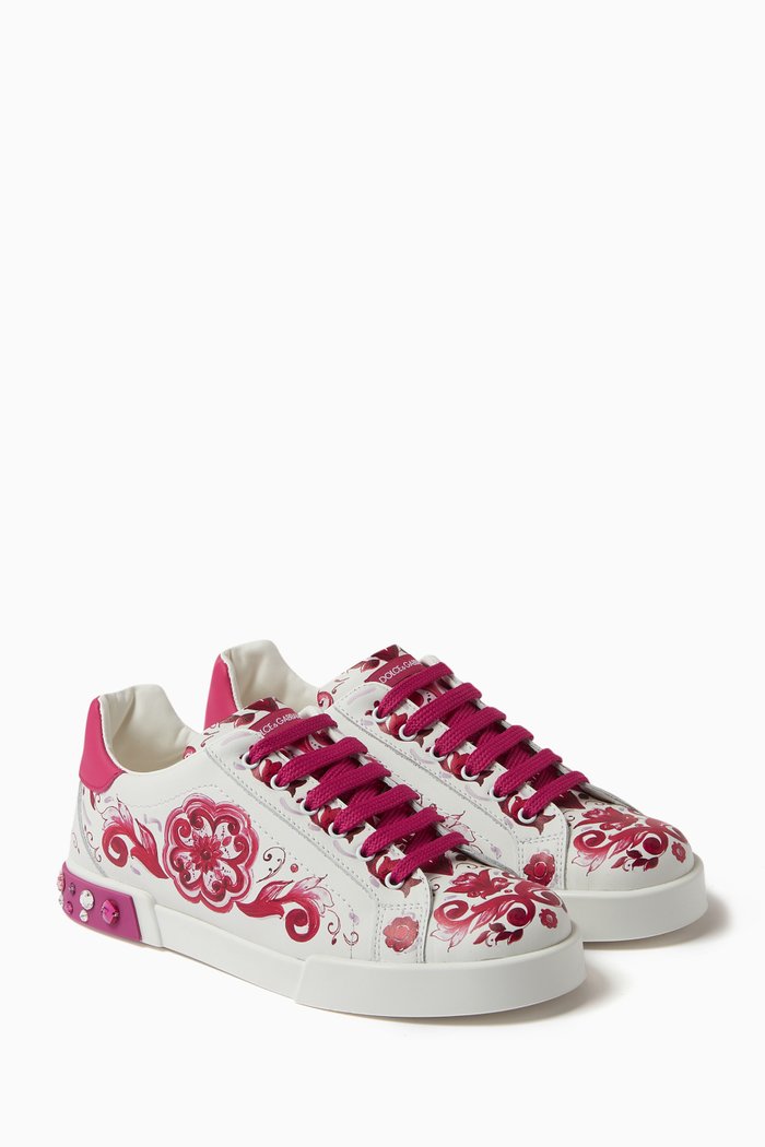 Maiolica-print Portofino Sneakers in Leather, Pink